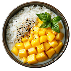 A Bowl of Thai Mango Sticky Rice with Coconut Smoothness Isolated on Transparent Background