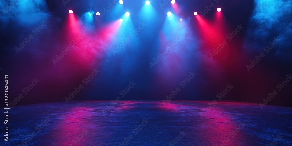 Poster abstract background of an empty stage with blue and red spotlights shining down, creating a misty at