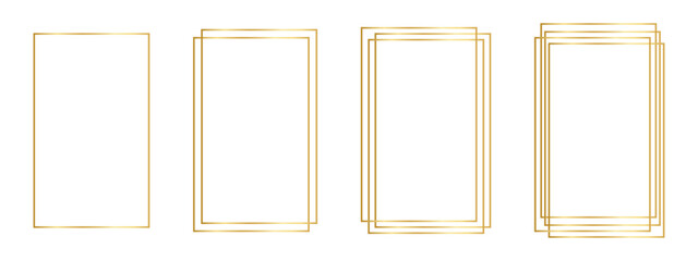 Collection of golden rectangle frames. Bright rectangular borders, shiny decorative frameworks, design elements for banners or greeting cards isolated on white background. Vector illustration.