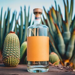 Bottle of tequila with label, mockup background agave plants concept graphic resource