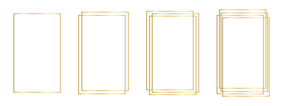 Collection of golden rectangle frames. Bright rectangular borders, shiny decorative frameworks, design elements for banners or greeting cards isolated on white background. Vector illustration.