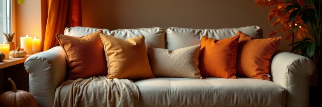 Warm autumn living room, cozy throw pillows, pumpkins, candles, interior design, home decor