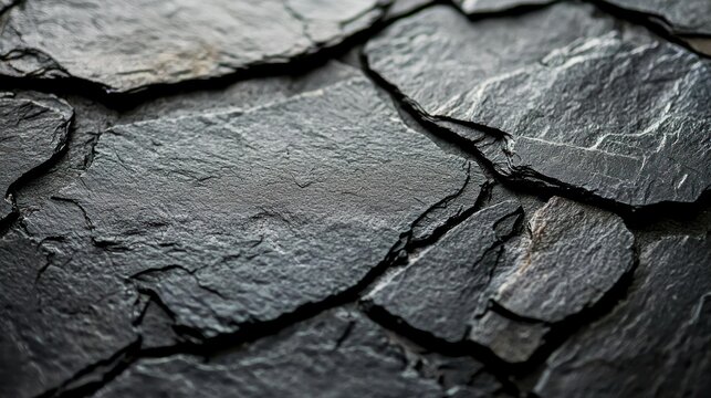 Dark gray slate tiles close up, textured surface with natural patterns