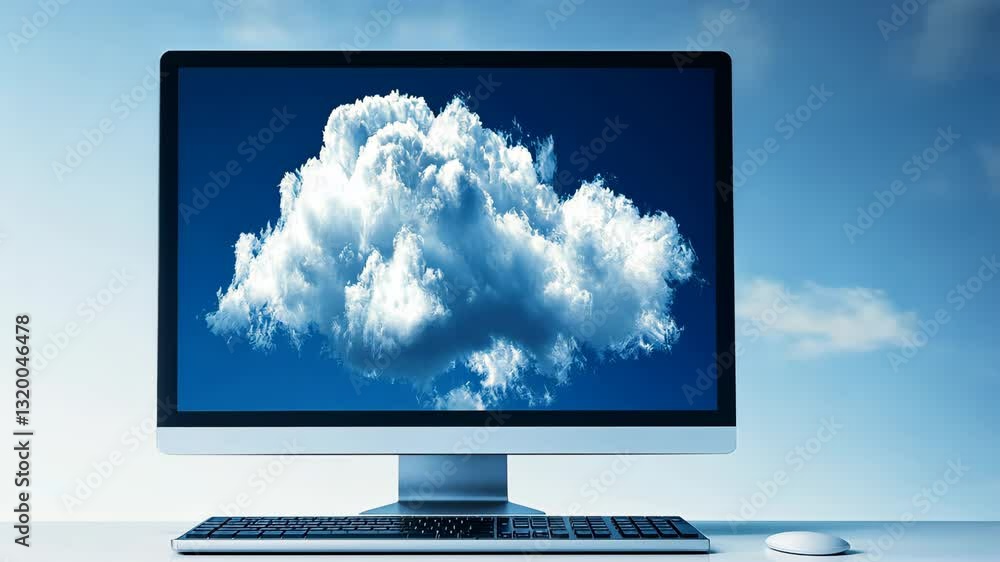 Poster a computer monitor displays a cloud with a laptop on top of it