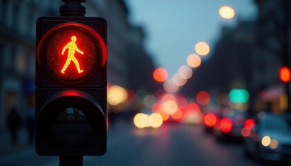 Soft glow of pedestrian signal, blurred city lights at dusk,  defocused, pedestrian signal