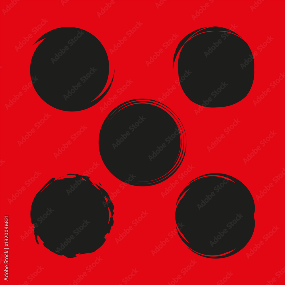 Poster circle pattern icons. black vector symbols. swirl line shapes. red background design.