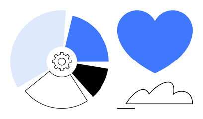 Gear-integrated pie chart beside a blue heart and minimalist cloud. Ideal for teamwork, creativity, technology, innovation, analytics, love, and sustainability. Abstract flat simple metaphor