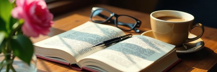 Open book, pen, coffee cup, flower, and spectacles nearby , accessories, coffee, peaceful