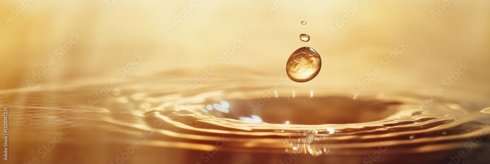 Poster close up macro shot of a crystal clear water drop emerging from a water filter with soft reflections