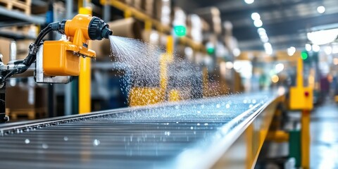 Sanitizing spray being applied to warehouse conveyor systems, droplets mid-air, high-speed capture of liquid dynamics