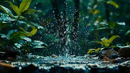 Fototapeta premium Water Droplets Splashing in Lush Greenery