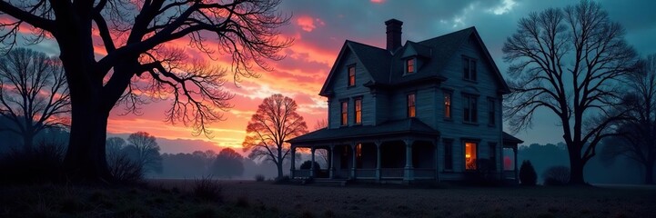 Dusk shadows engulf decaying Victorian mansion, eerie glow from broken window , gothic, old