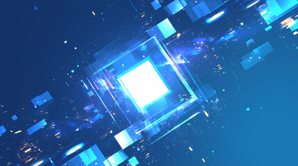 Abstract digital background featuring glowing blue geometric shapes and light effects in a futuristic setting