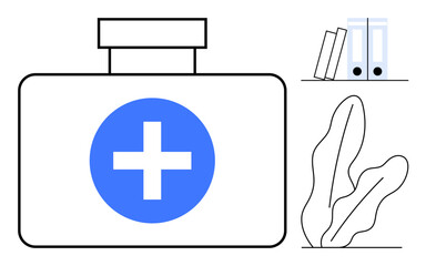 First aid kit with blue cross, books, binders, and decorative plant. Ideal for healthcare, workplace safety, emergency aid, organization, minimalism wellness flat simple metaphor
