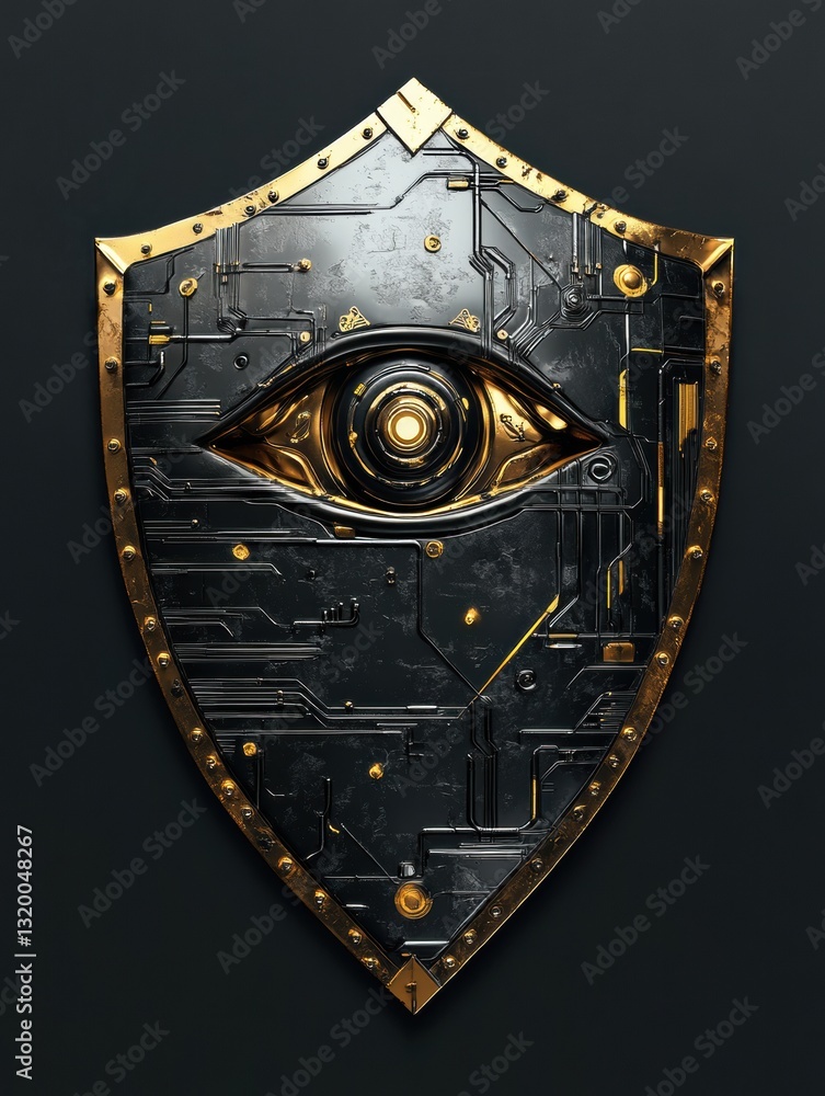 Aufkleber Cybernetic shield design featuring a robotic eye, symbolizing artificial intelligence in cybersecurity, with space for text inclusion
