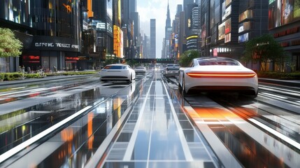 Obraz premium Self-cleaning roads with built-in dirt repellent technology, futuristic urban landscape, ultra-clean streets