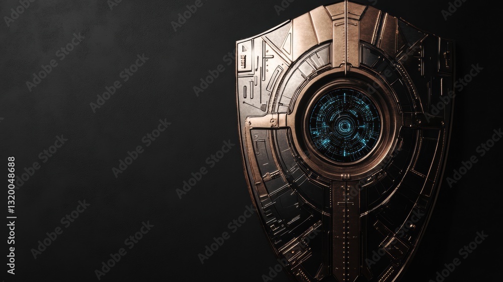 Poster shield design featuring cybernetic patterns and robotic eye to symbolize artificial intelligence in 