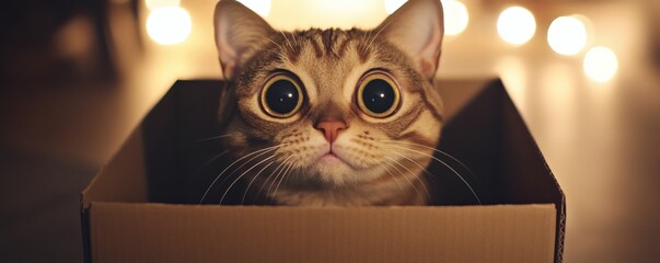 A curious cat with large eyes peeks from inside a box