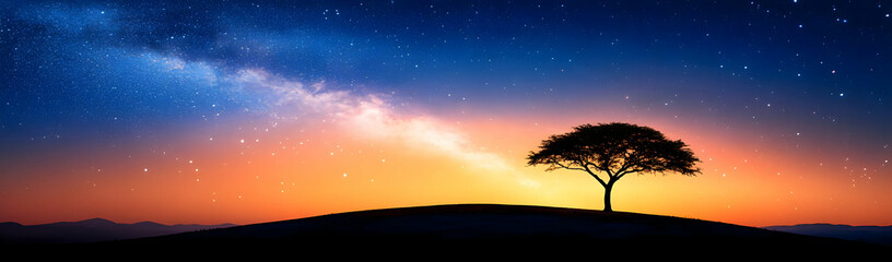Lonely tree sunset, starry sky, nature