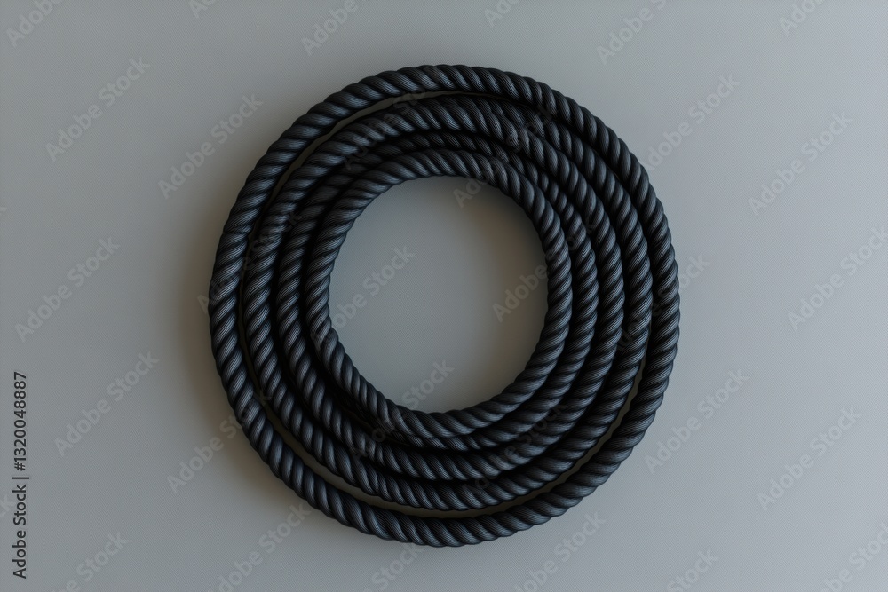 Aufkleber Black jump rope coiled neatly in spiral on smooth grey background with minimalist design and ample negative space