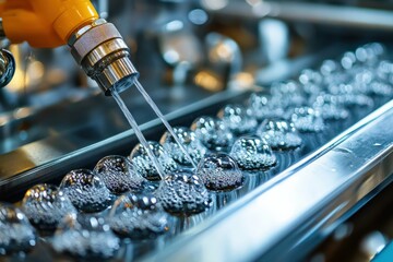 Industrial ultrasonic tank cleaning mechanical components, bubbling effect, precision sanitation in manufacturing