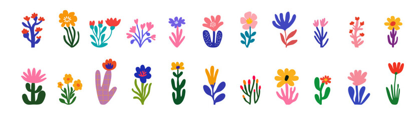 Flowers llustration set. Modern botanical papercut style with playful vibrant colors, inspired by children’s drawing and naive art. Scandinavian poster, wallpaper, textile, and boho design.