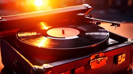 Vintage record player at sunset, warm light. Outdoor scene.  Possible use for music, nostalgia, or retro themes