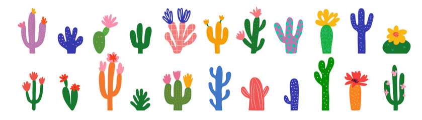 Abstract cactus and succulents illustration set. Modern botanical papercut style with playful cacti patterns and vibrant colors, inspired by children’s drawing and naive art