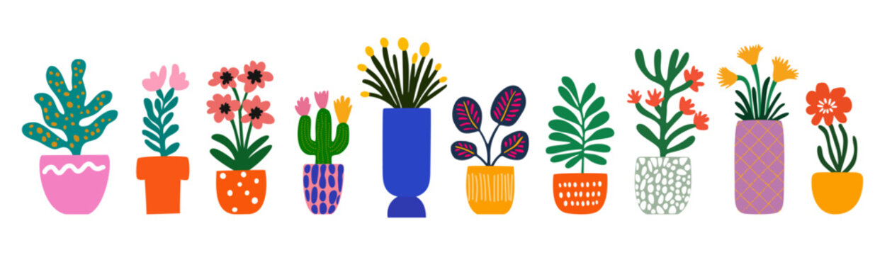 Plants in pots llustration set. Modern botanical illustration with succulents, flowers papercut style with playful vibrant colors, inspired by children&rsquo;s drawing and naive art