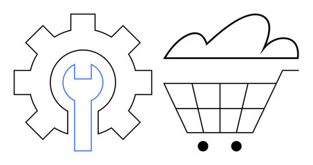 Gear with wrench symbolizes repair and optimization. Shopping cart highlights e-commerce and retail business. Ideal for commerce, technology, digital economy, repair services, online shopping