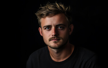 Fototapeta premium Portrait of young man with short hair, wearing dark shirt, expressing calm and collected demeanor against solid background