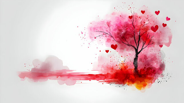 Love tree watercolor art, Valentine's Day card