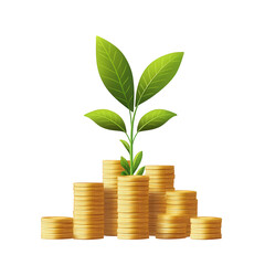 A beautifully designed flat-style illustration of a single vibrant green plant emerging from organized stacks of shiny gold coins, featuring subtle artistic elements for an enhanced visual experienc, 