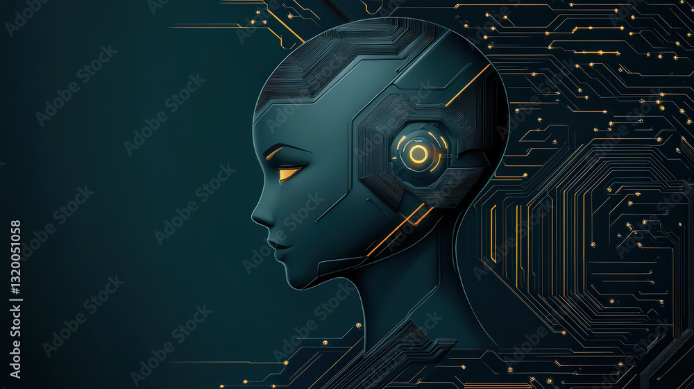 Poster futuristic female robot head with circuit patterns and glowing elements, showcasing advanced technol