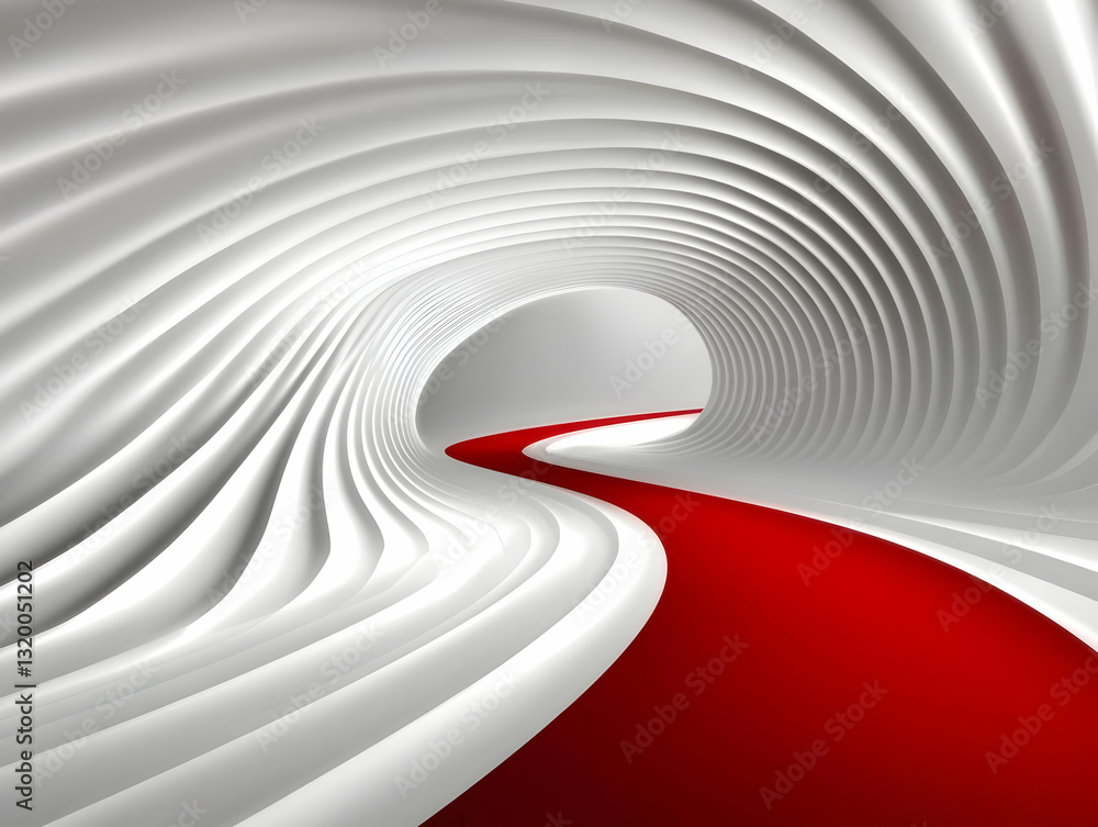 Poster abstract 3d rendering: red carpet winding through a white, swirling tunnel, creating a dramatic and 