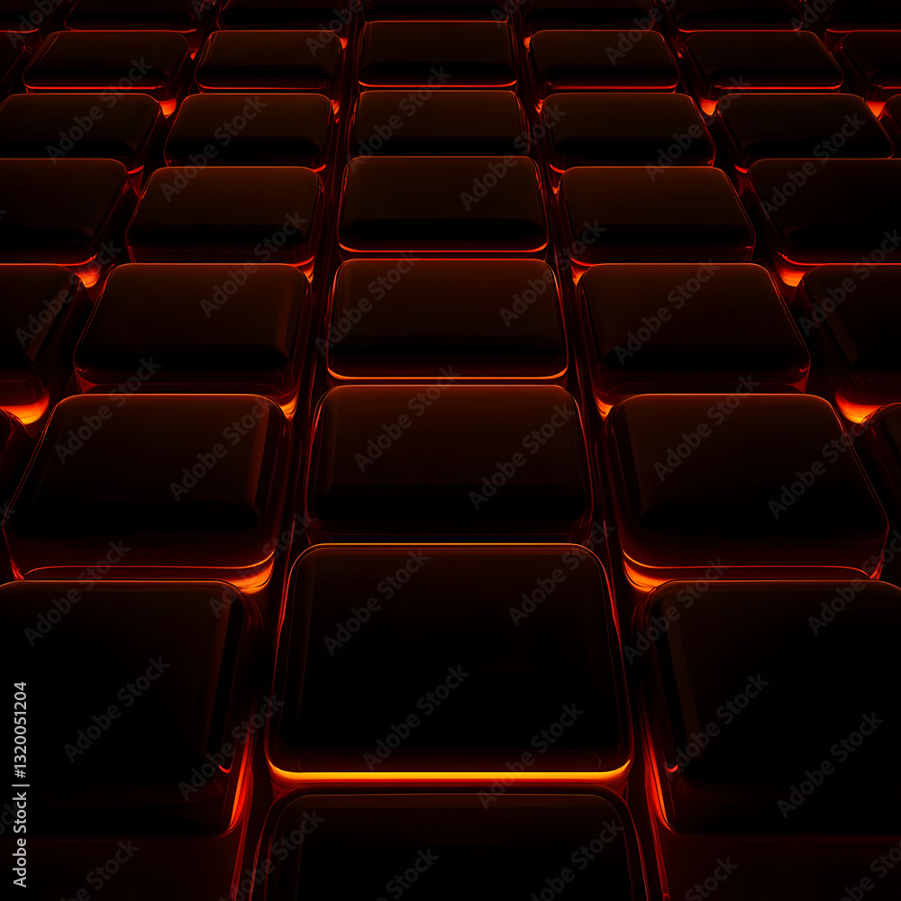 Poster abstract 3d render of dark brown rectangular blocks with glowing orange edges, creating a modern and