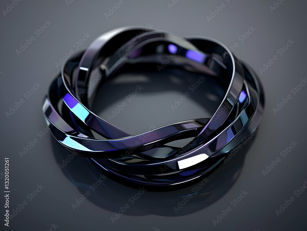 Poster Abstract 3D Render of Intertwined Metallic Rings, Creating a Dark, Glossy, Circular Background Design.