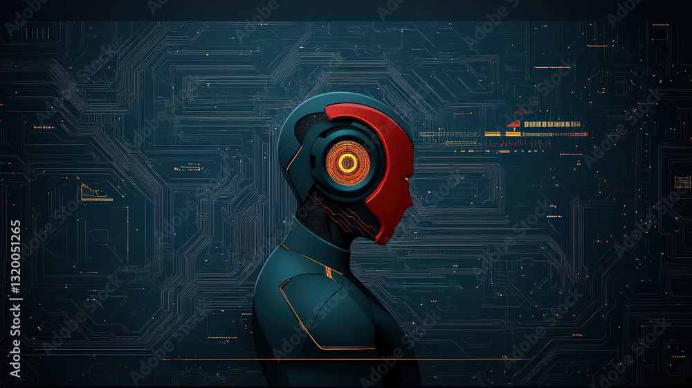 Poster futuristic robot head with glowing circuitry and digital background