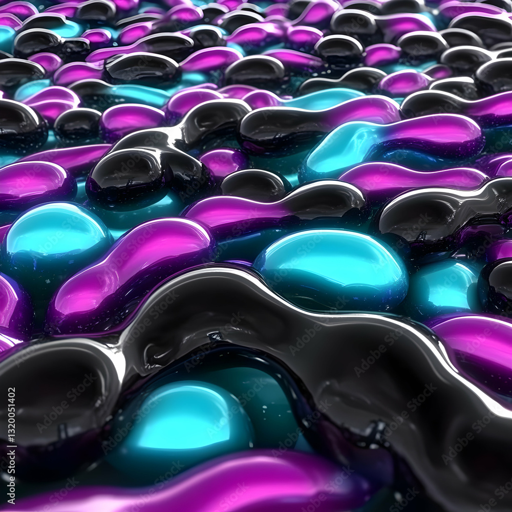 Poster abstract 3d rendering of glossy, slippery, intertwined purple, teal, and black liquid forms creating