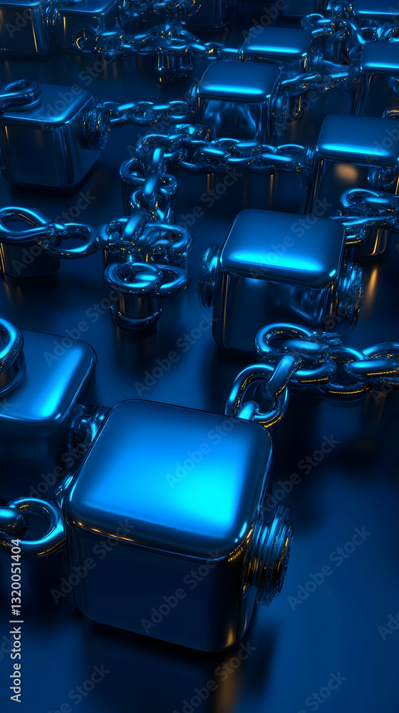 Poster abstract 3d render: interconnected metallic cubes linked by chains in a dark blue setting