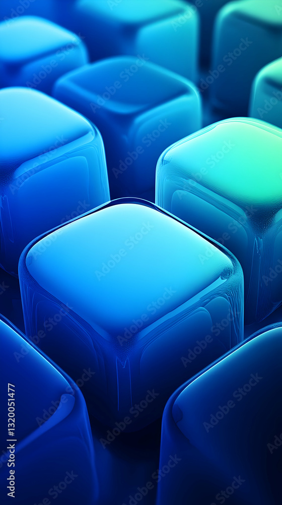 Poster abstract 3d render of glossy blue cubes, forming a dynamic and textured background