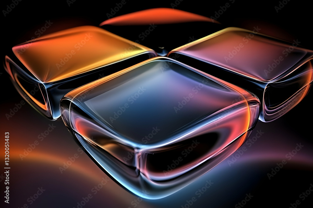 Poster abstract 3d render of interlocking glass cubes with warm and cool color gradients, creating a dynami