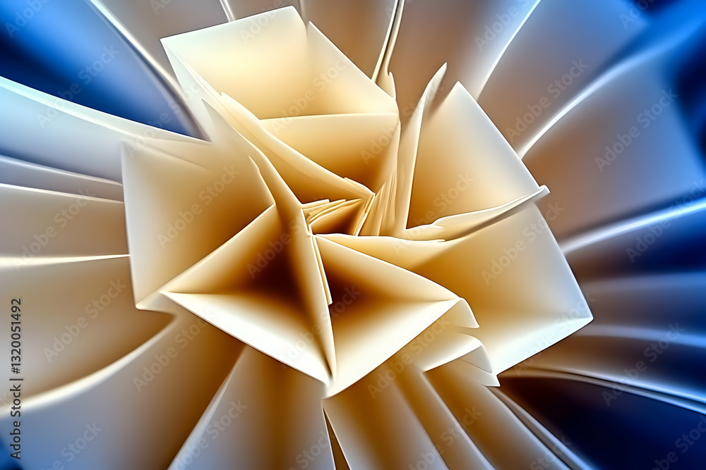 Poster abstract 3d folded paper design: cream and blue hues in a swirling, geometric pattern creates an art