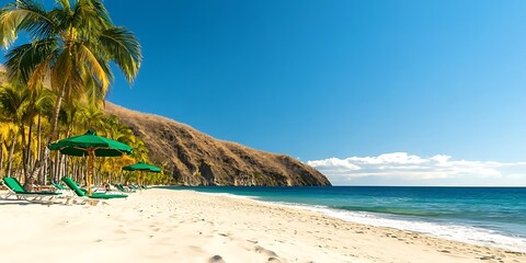 Serene beach scene with palm trees, lounge chairs, and clear blue skies by the ocean
