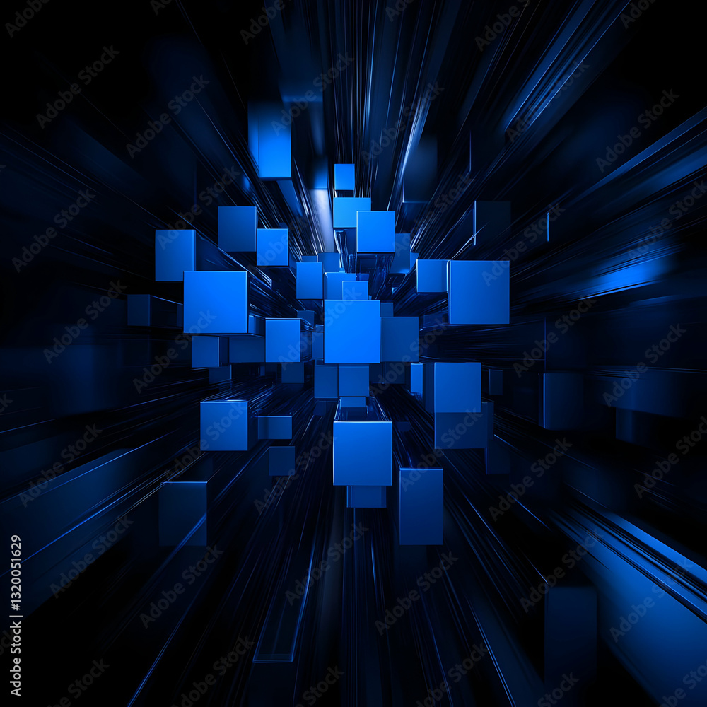 Aufkleber abstract 3d rendering of blue cubes exploding from a dark background, creating a dynamic and futuris