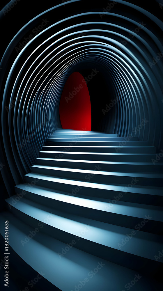 Poster abstract 3d render: curved staircase ascending to a red portal in a dark tunnel, modern architectura