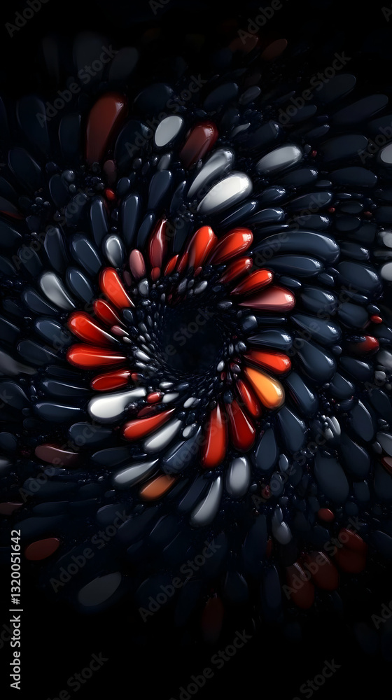 Poster abstract 3d render: glossy pebbles spiral into darkness, creating a dramatic, swirling vortex of col