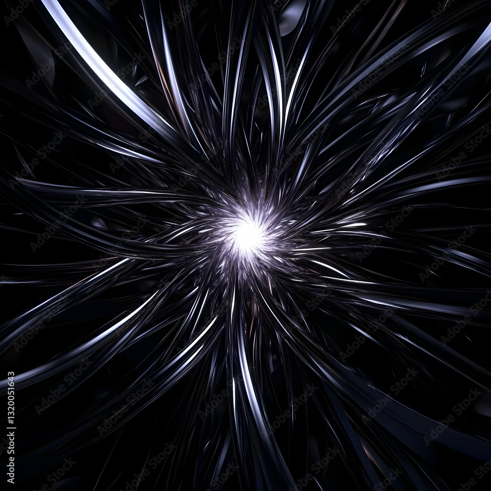 Poster abstract 3d dark background: metallic streams converge in a bright, swirling vortex of light and sha
