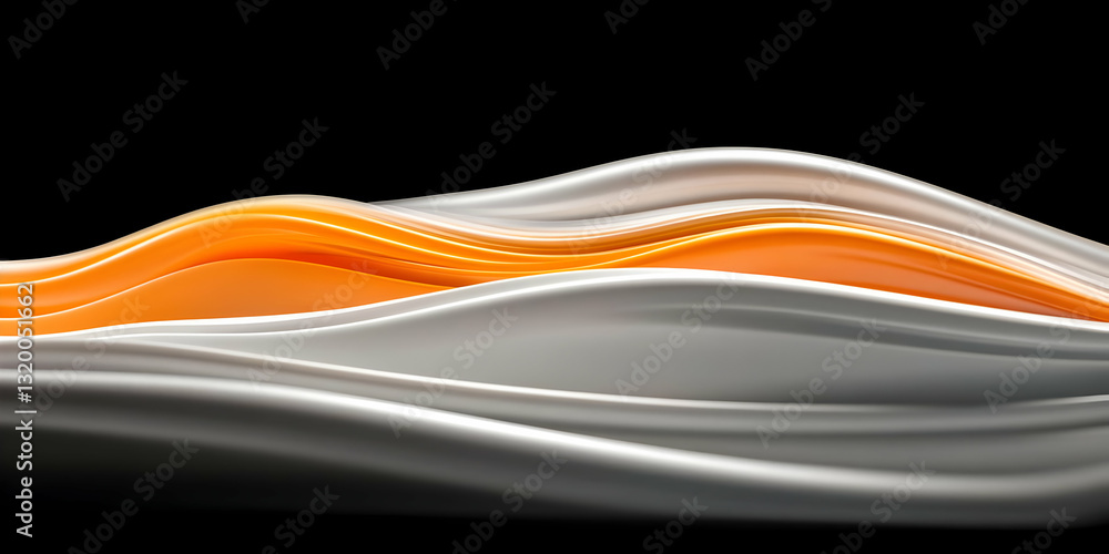 Poster abstract 3d render of flowing orange and gray waves on black background, creating a dynamic and visu