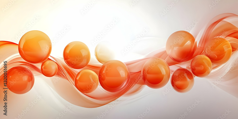 Poster abstract 3d render: orange spheres flowing on a soft wave background